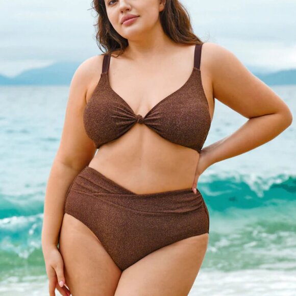Dark Coffee Shimmer Bikini Set | Size 16 | 1X | NWT | Triangle Top & High-Waist - Picture 1 of 3